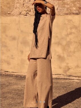 Free People Cozy Wide-Leg Knit Set in Taupe